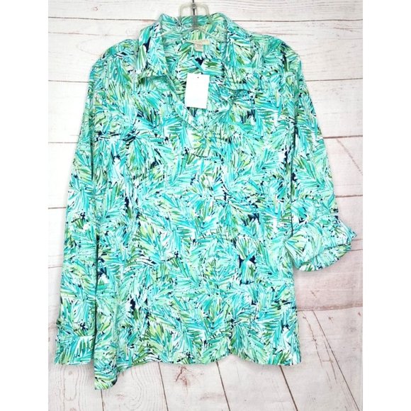 Appleseeds Petites PXL Floral Button Cuff Green Women Full Button Shirt - Picture 1 of 16